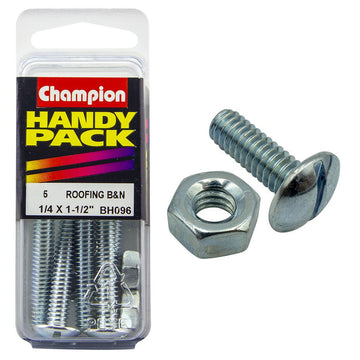 Champion Pack of 10 1/4" x 1-1/2" UNC Zinc Plated, Slotted Mushroom Head Roofing Bolts and Nuts - BH096