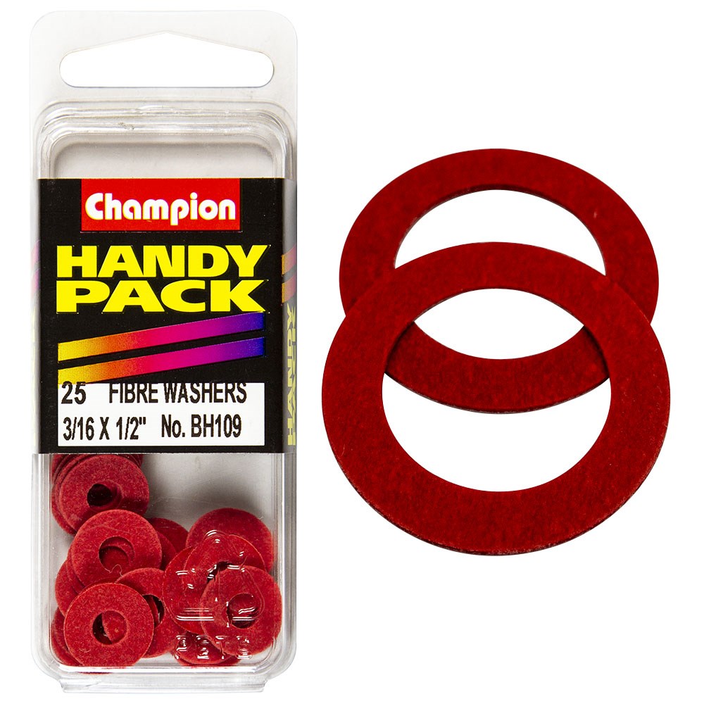 Champion Pack of 25 3/16 x 1/2" x 1/32" Flat Red Fibre Washers - BH109"