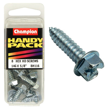 Champion Pack of 8 14G x 16mm Philips Slotted Combo Hex Head Zinc Plated Self Tapping Screws - BH116