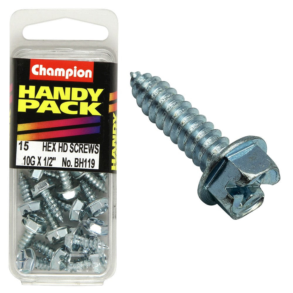 Champion Pack of 15 10G x 13mm Philips Slotted Combo Hex Head Zinc Plated Self Tapping Screws - BH119