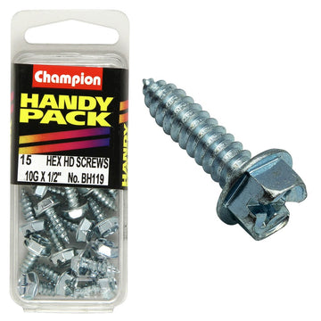 Champion Pack of 15 10G x 13mm Philips Slotted Combo Hex Head Zinc Plated Self Tapping Screws - BH119