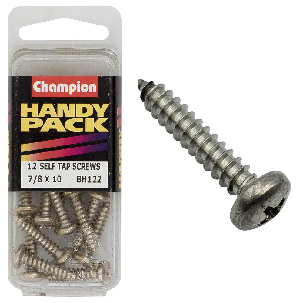 Champion Pack of 12 10G x 22mm Philips Pan Head Nickel Plated Self Tapping Screws - BH122