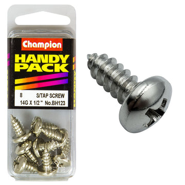 Champion Pack of 8 14G x 13mm Philips Pan Head Nickel Plated Self Tapping Screws - BH123