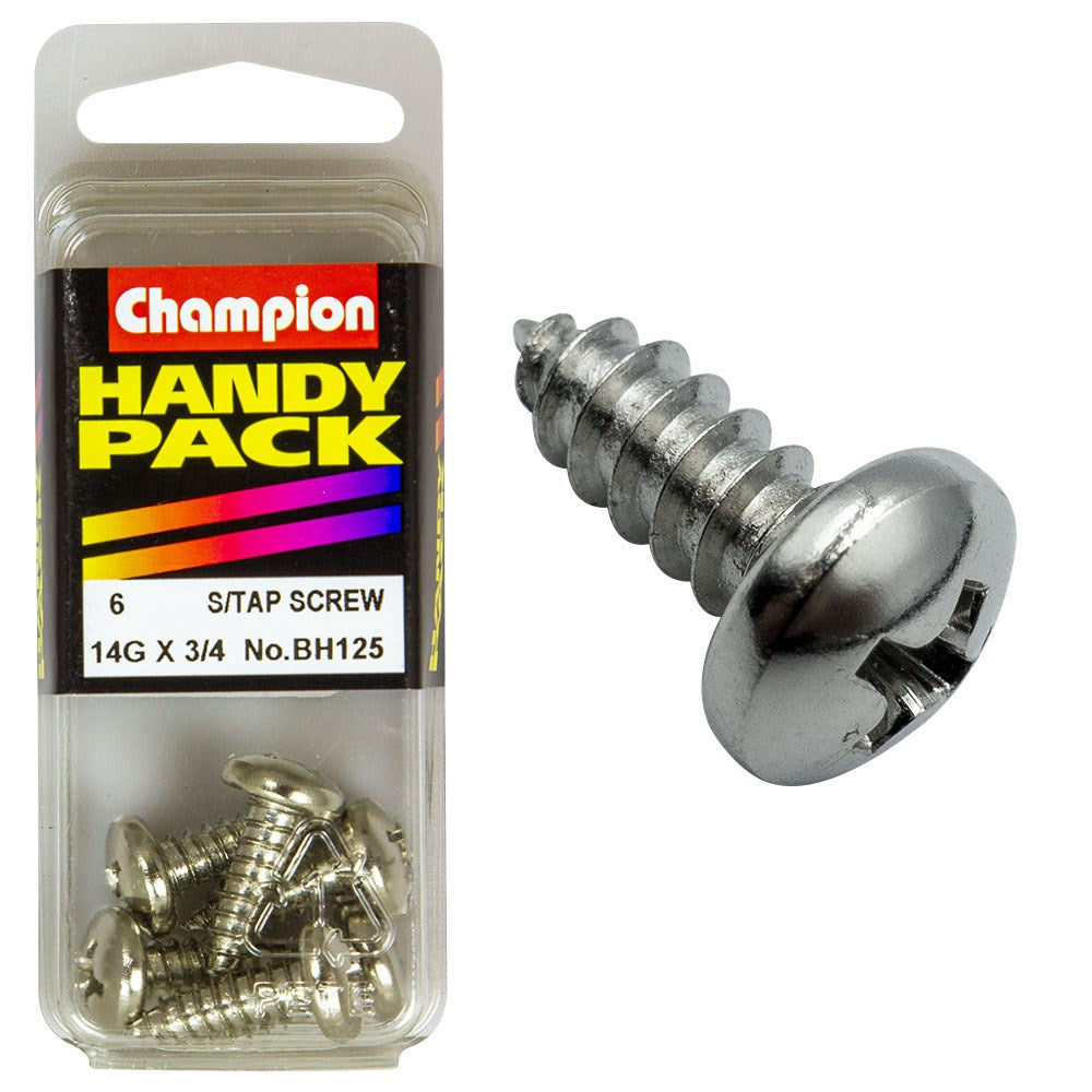 Champion Pack of 6 14G x 19mm Philips Pan Head Nickel Plated Self Tapping Screws - BH125