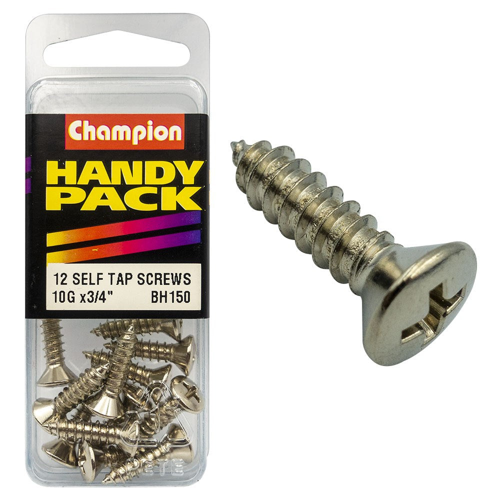 Champion Pack of 12 10G x 19mm Philips Raised Head, Nickel Plated Self Tapping Screws - BH150