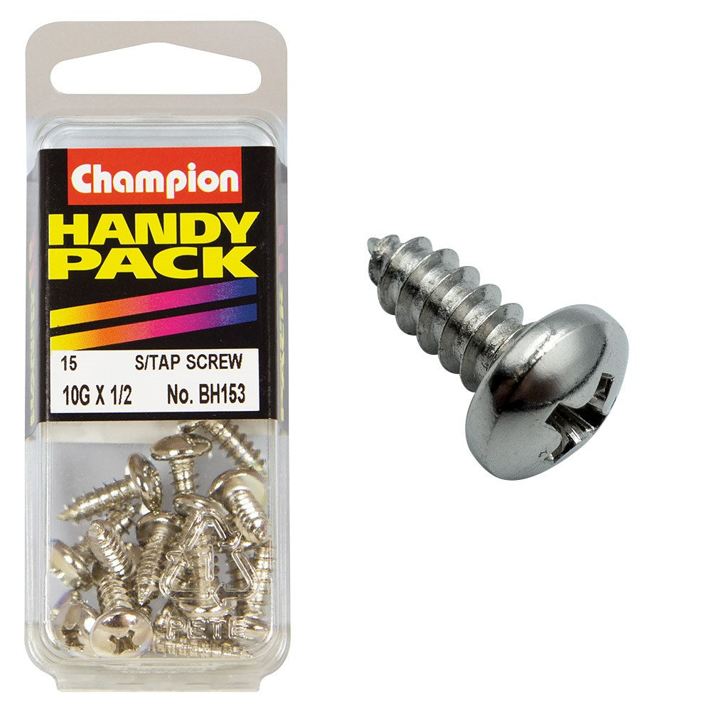 Champion Pack of 15 10G x 13mm Philips Raised Head, Nickel Plated Self Tapping Screws - BH153