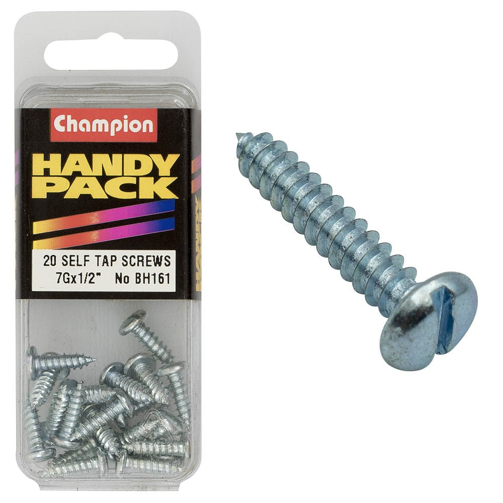 Champion Pack of 20 3.9mm x 13mm Slotted Pan Head, Zinc Plated Self Tapping Screws - BH161