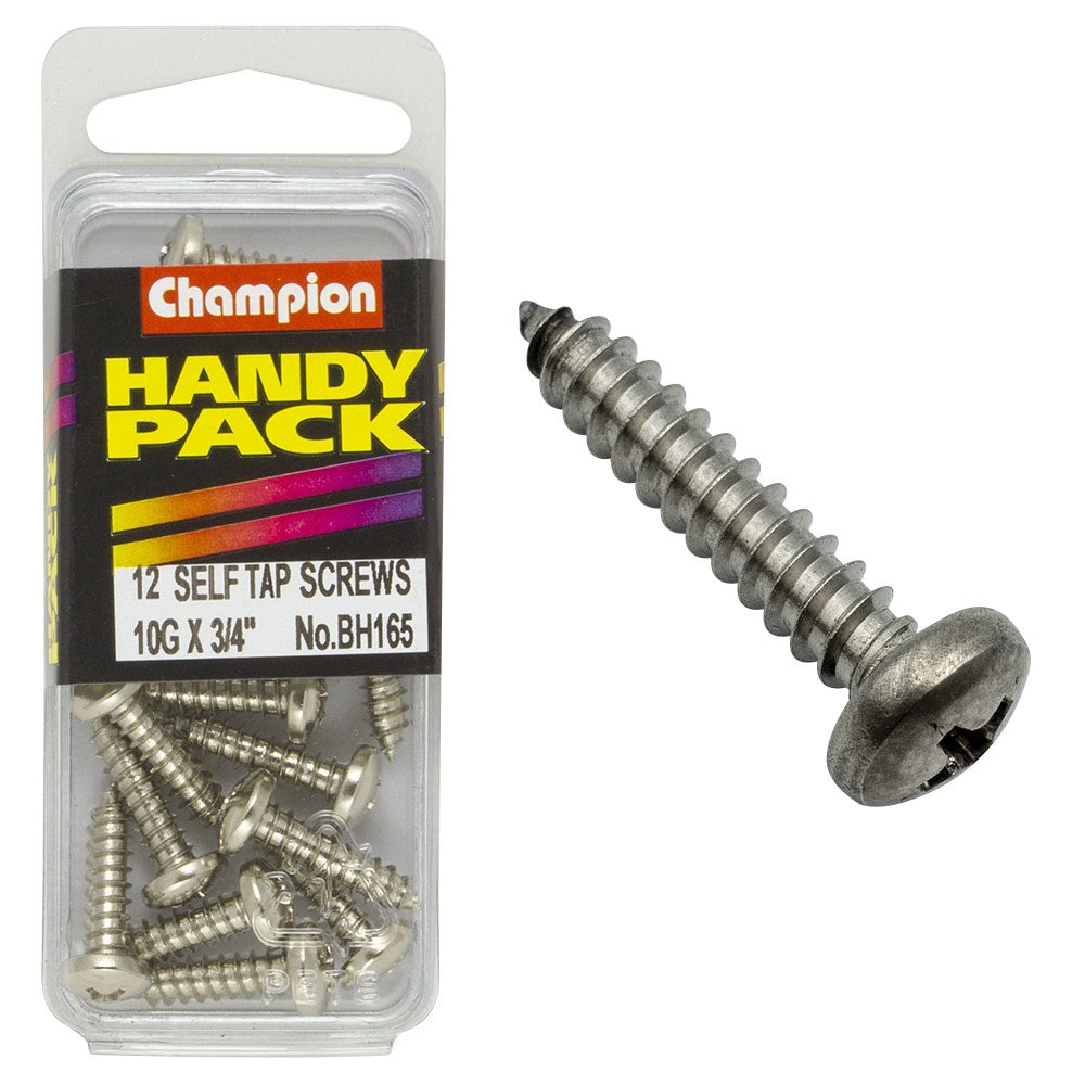 Champion Pack of 12 10G x 19mm Philips Pan Head, Nickel Plated Self Tapping Screws - BH165