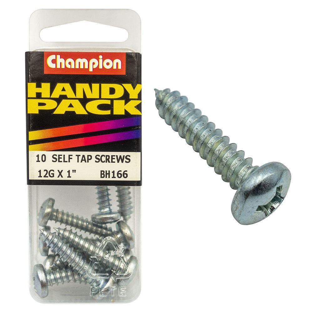 Champion Pack of 10 12G x 25mm Philips Pan Head, Zinc Plated Self Tapping Screws - BH166