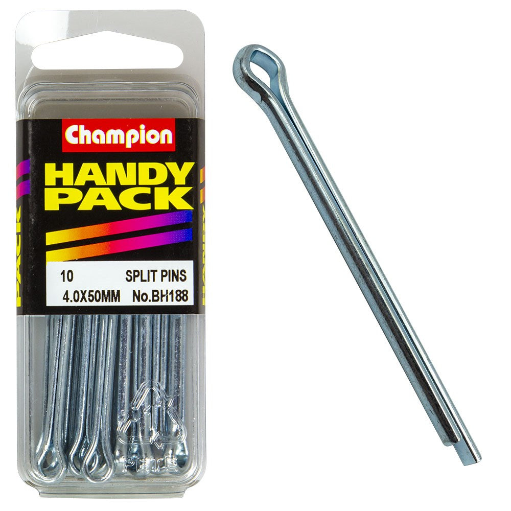 Champion Pack of 10 4.0 x 50mm Zinc Plated Steel Split Pins - BH188