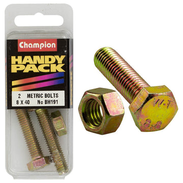 Champion Pack of 2 (2x Hex Set Screws, 2x Nuts) M8 x 40 x 1.25mm Nickel Plated  - BH191