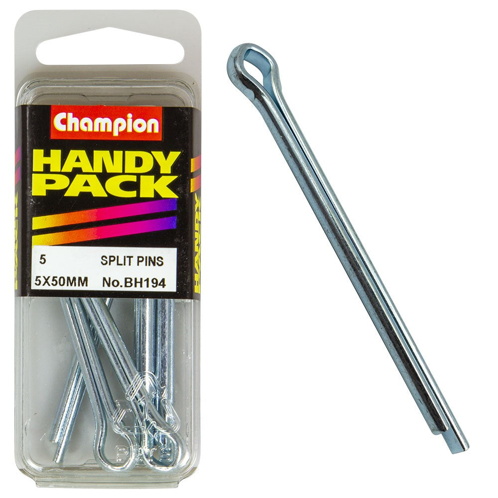 Champion Pack of 5 5.0 x 50mm Zinc Plated Steel Split Pins - BH194