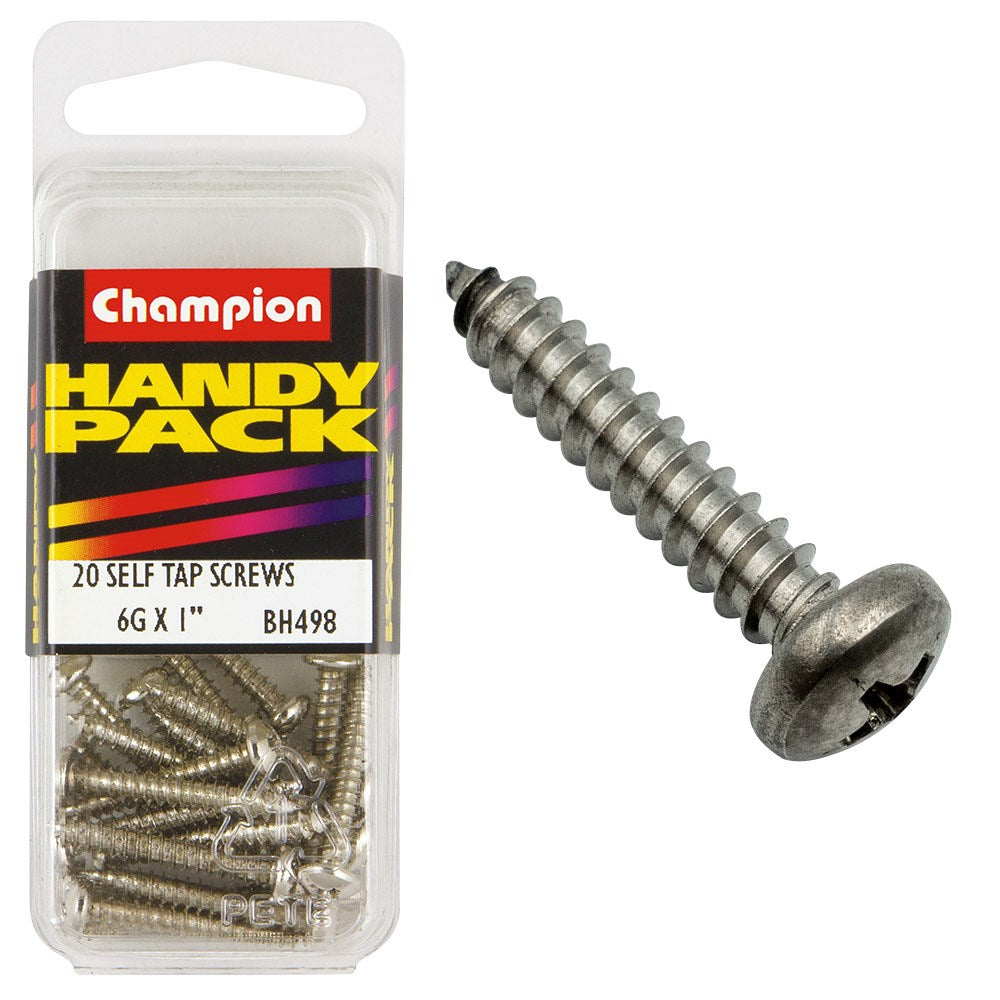 Champion Pack of 20 6G x 25mm Philips Pan Head, Nickel Plated Self Tapping Screws - BH498