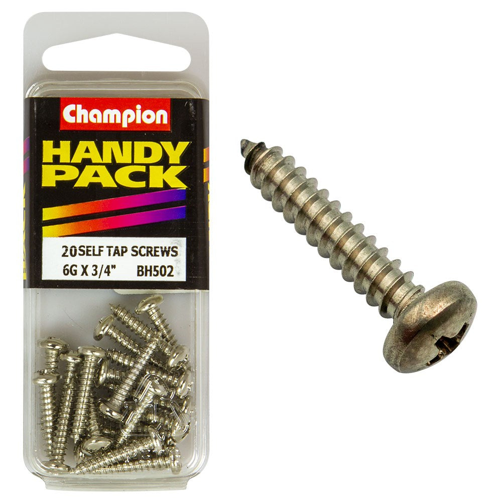 Champion Pack of 20 6G x 19mm Philips Pan Head, Nickel Plated Self Tapping Screws - BH502