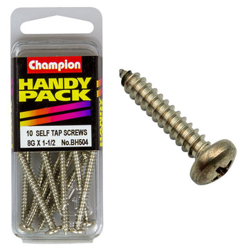 Champion Pack of 10 8G x 38mm Philips Pan Head, Nickel Plated Self Tapping Screws - BH504