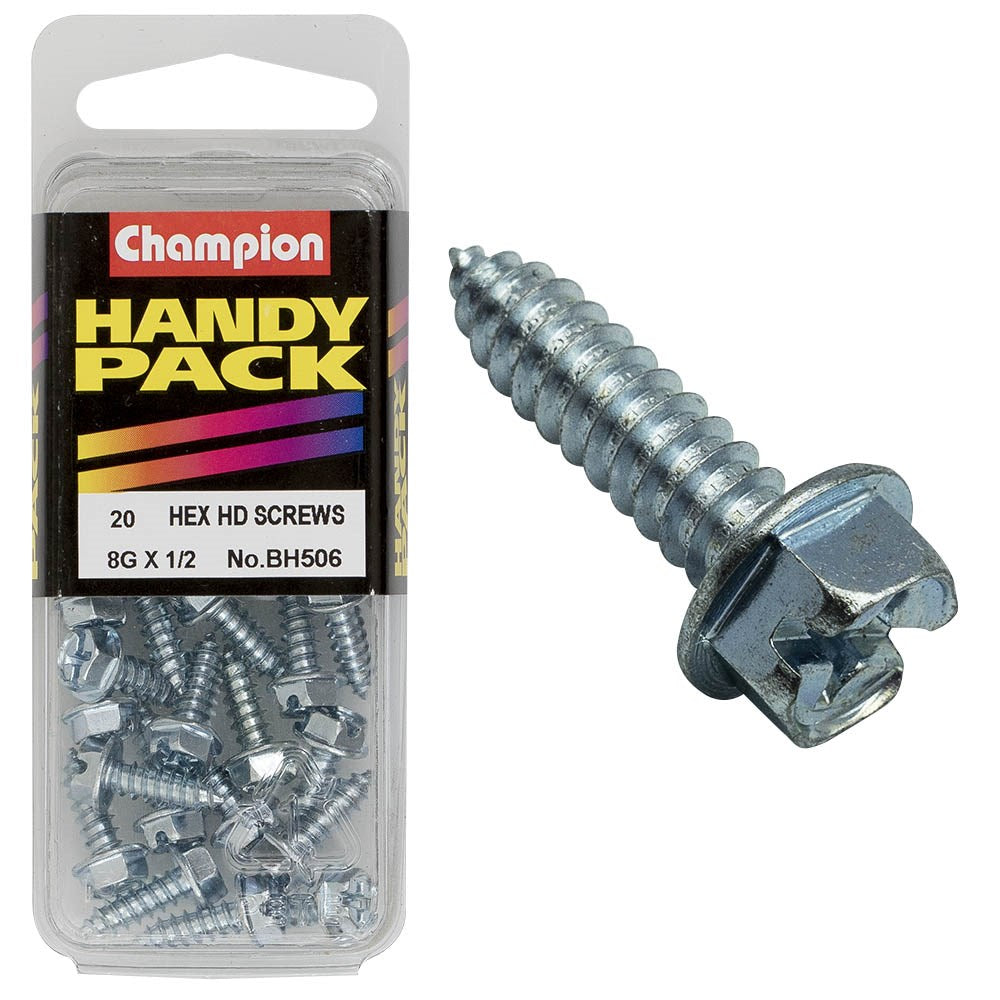 Champion Pack of 20 8G x 13mm Philips Slotted Combo Hex Head, Zinc Plated Self Tapping Screws - BH506