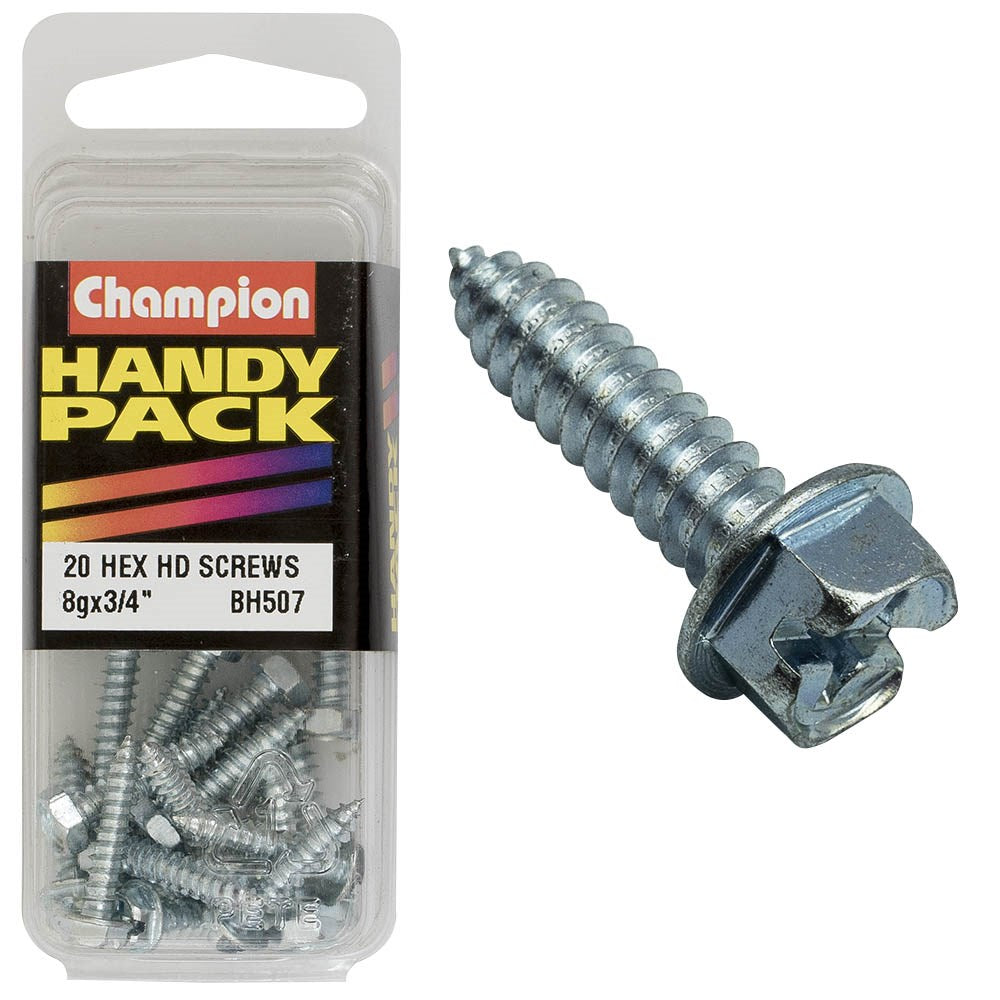 Champion Pack of 20 8G x 19mm Philips Slotted Combo Hex Head, Zinc Plated Self Tapping Screws - BH507