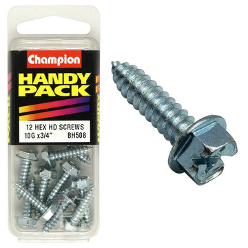 Champion Pack of 12 10G x 19mm Philips Slotted Combo Hex Head, Zinc Plated Self Tapping Screws - BH508