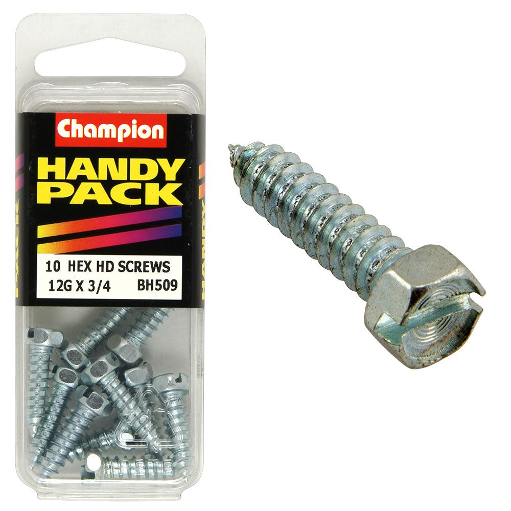 Champion Pack of 10 12G x 19mm Philips Slotted Combo Hex Head, Zinc Plated Self Tapping Screws - BH509