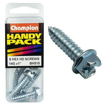 Champion Pack of 6 14G x 25mm Philips Slotted Combo Hex Head, Zinc Plated Self Tapping Screws - BH510