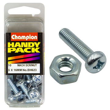 Champion Pack of 10 (10x Philips Pan Head Machine Screws, 10x Nuts) M6 x 16mm - BH623