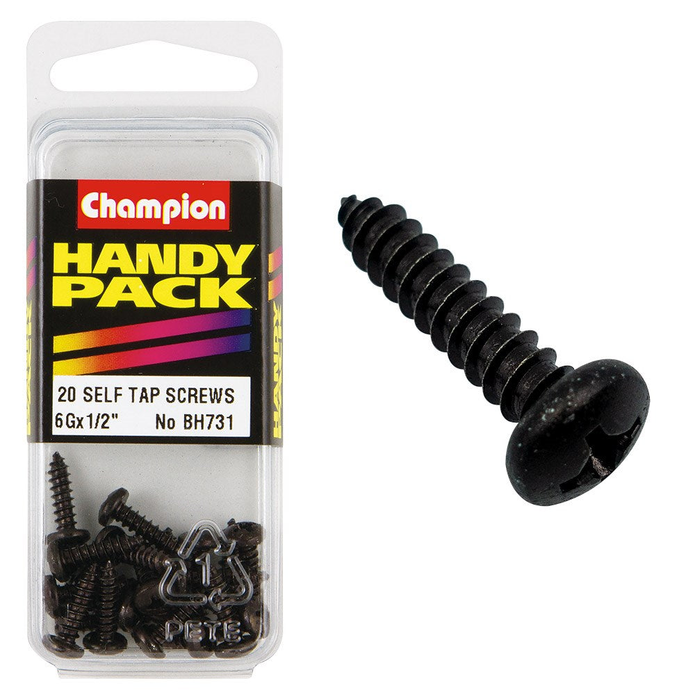 Champion Pack of 4 6G x 13mm Black, Zinc Plated Self Tapping Screws - BH731