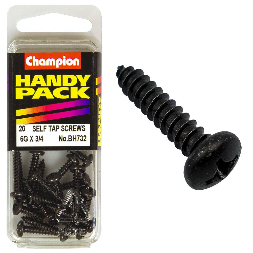 Champion Pack of 20 6G x 19mm Philips Pan Head, Black, Zinc Plated Self Tapping Screws - BH732