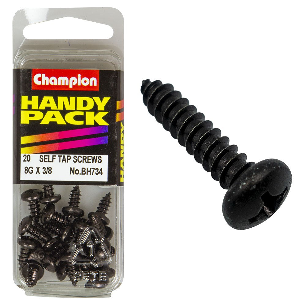 Champion Pack of 20 8G x 9.5mm Philips Pan Head, Black, Zinc Plated Self Tapping Screws - BH734