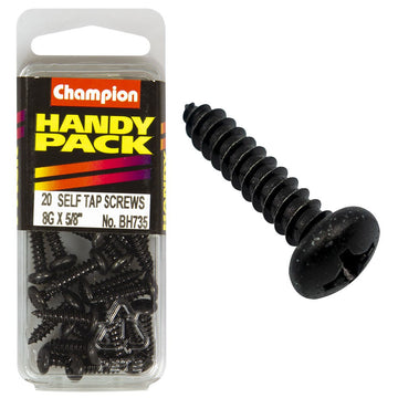 Champion Pack of 20 8G x 16mm Philips Pan Head, Black, Zinc Plated Self Tapping Screws - BH735