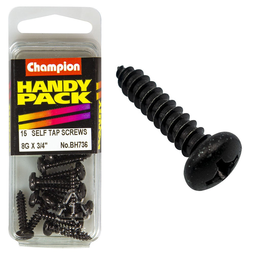 Champion Pack of 15 8G x 19mm Philips Pan Head, Black, Zinc Plated Self Tapping Screws - BH736