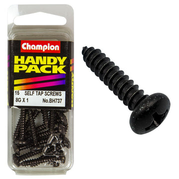 Champion Pack of 15 8G x 25mm Philips Pan Head, Black, Zinc Plated Self Tapping Screws - BH737