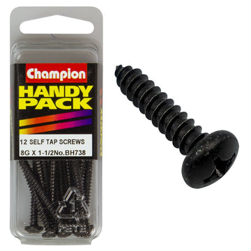 Champion Pack of 12 8G x 38mm Philips Pan Head, Black, Zinc Plated Self Tapping Screws - BH738