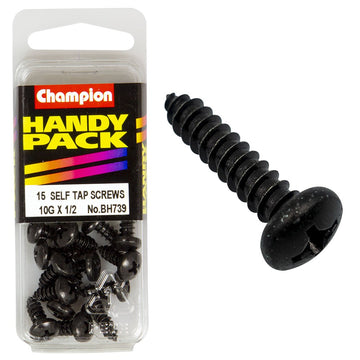 Champion Pack of 15 10G x 13mm Philips Pan Head, Black, Zinc Plated Self Tapping Screws - BH739