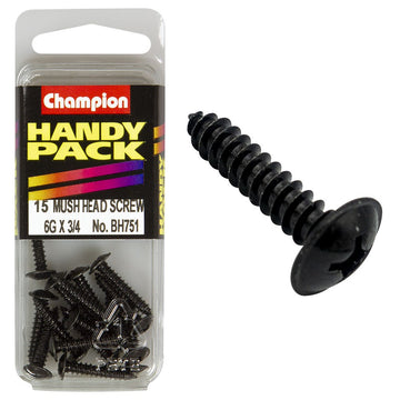 Champion Pack of 15 6G x 19mm Philips Mushroom Head, Black, Zinc Plated Self Tapping Screws - BH751