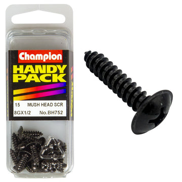 Champion Pack of 15 8G x 13mm Philips Mushroom Head, Black, Zinc Plated Self Tapping Screws - BH752