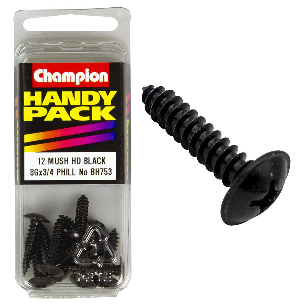 Champion Pack of 12 8G x 19mm Philips Mushroom Head, Black, Zinc Plated Self Tapping Screws - BH753