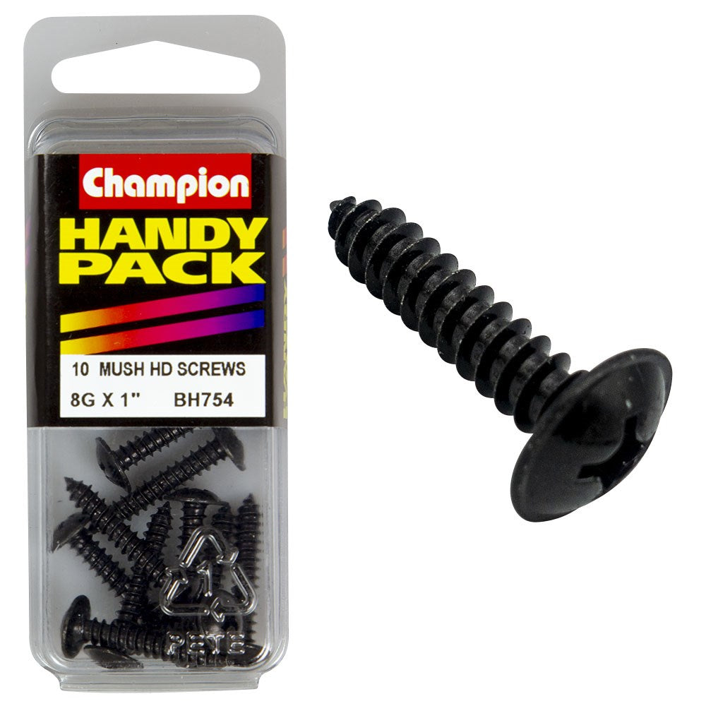 Champion Pack of 10 8G x 25mm Philips Mushroom Head, Black, Zinc Plated Self Tapping Screws - BH754