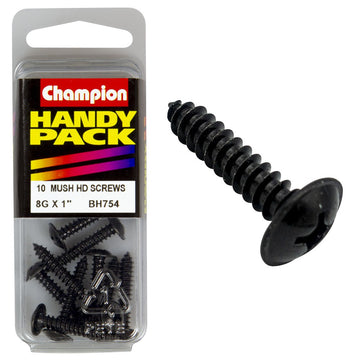 Champion Pack of 10 8G x 25mm Philips Mushroom Head, Black, Zinc Plated Self Tapping Screws - BH754