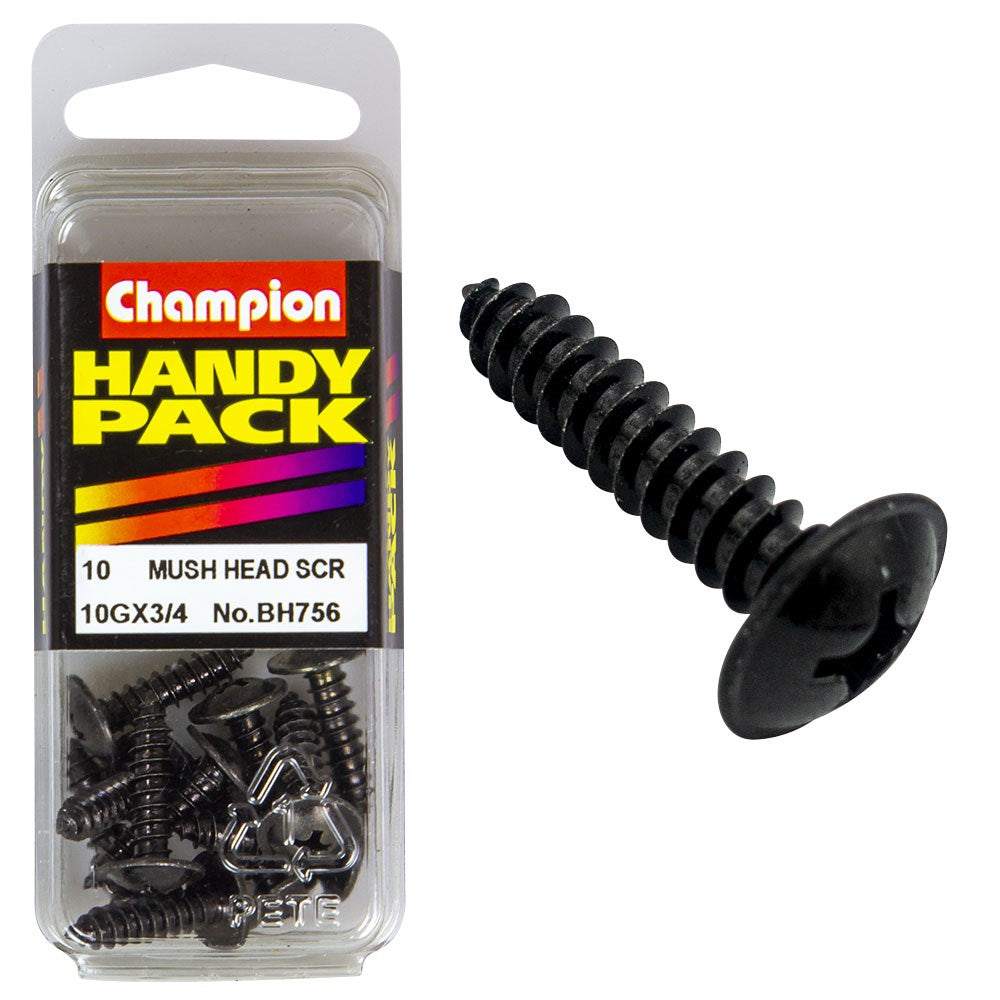 Champion Pack of 10 10G x 19mm Philips Mushroom Head, Black, Zinc Plated Self Tapping Screws - BH756