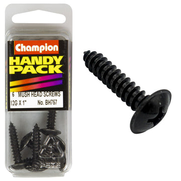 Champion Pack of 6 12G x 25mm Philips Mushroom Head, Black, Zinc Plated Self Tapping Screws - BH757