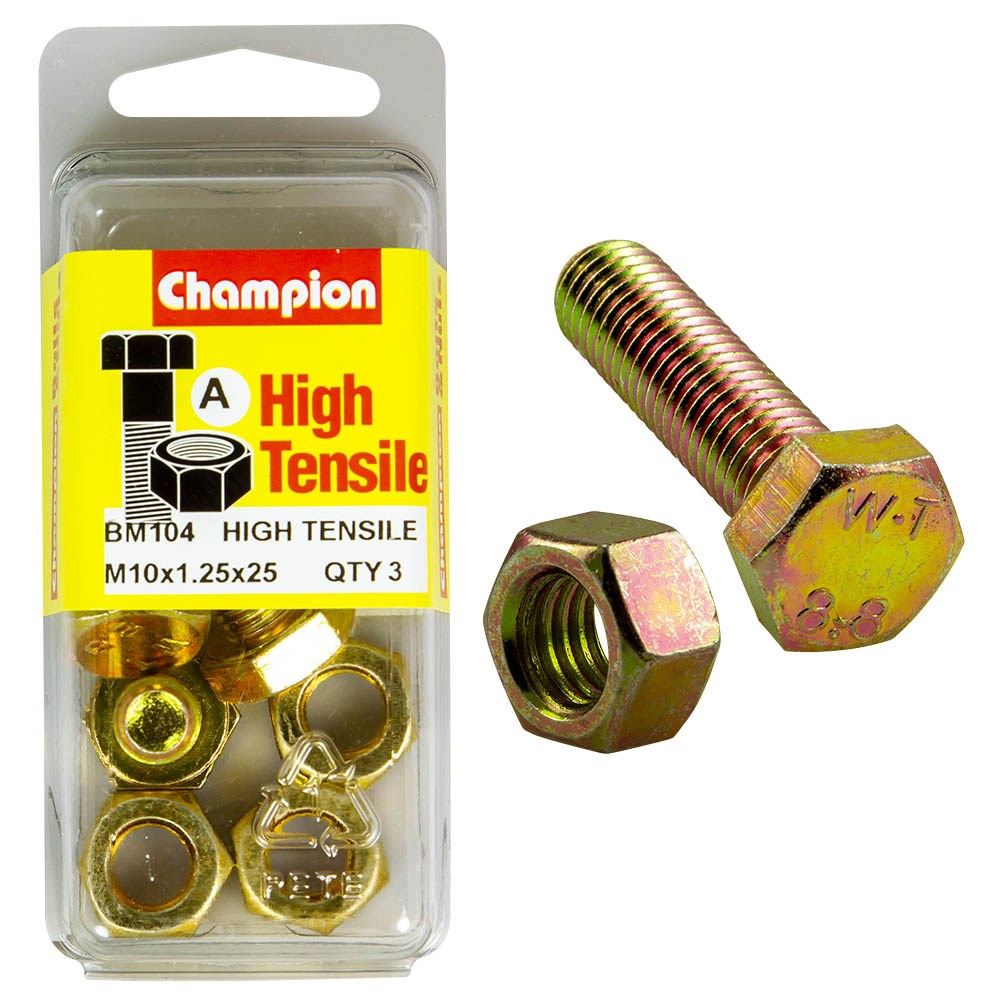 Champion Pack of 3 (3x Hex Set Screws, 3x Nuts) M10 x 25 x 1.25mm High Tensile Grade 8.8, Zinc Plated  - BM104