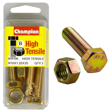 Champion Pack of 3 (3x Hex Set Screws, 3x Nuts) M10 x 35 x 1.25mm High Tensile Grade 8.8, Zinc Plated  - BM106