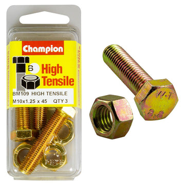 Champion Pack of 3 (3x Hex Set Screws, 3x Nuts) M10 x 45 x 1.25mm High Tensile Grade 8.8, Zinc Plated  - BM109