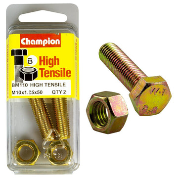 Champion Pack of 2 (2x Hex Set Screws, 2x Nuts) M10 x 50 x 1.25mm High Tensile Grade 8.8, Zinc Plated  - BM110