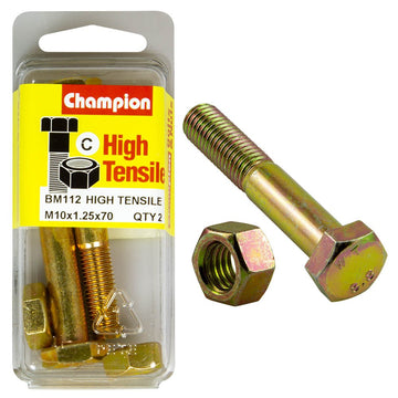 Champion Pack of 2 (2x Zinc Plated Hex Bolts, 2x Nuts) M10 x 70 x 1.25mm High Tensile Grade 8.8 - BM112