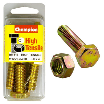 Champion Pack of 4 (4x Hex Set Screws, 4x Nuts) M12 x 30mm High Tensile Grade 8.8, Zinc Plated  - BM116