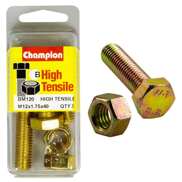 Champion Pack of 3 (3x Hex Set Screws, 3x Nuts) M12 x 40mm High Tensile Grade 8.8, Zinc Plated  - BM120