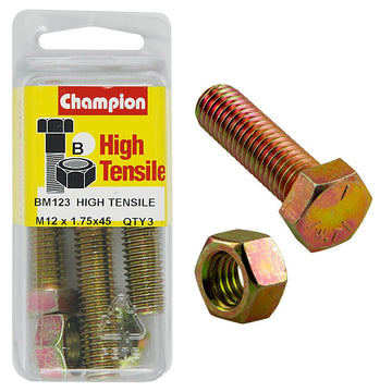 Champion Pack of 3 (3x Hex Set Screws, 3x Nuts) M12 x 45mm High Tensile Grade 8.8, Zinc Plated  - BM123