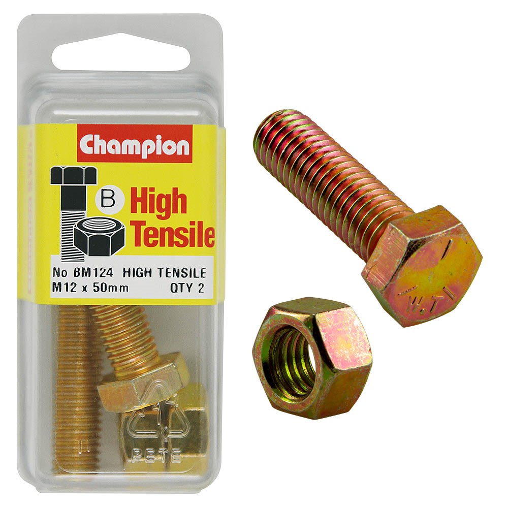 Champion Pack of 2 (2x Hex Set Screws, 2x Nuts) M12 x 50mm High Tensile Grade 8.8, Zinc Plated  - BM124