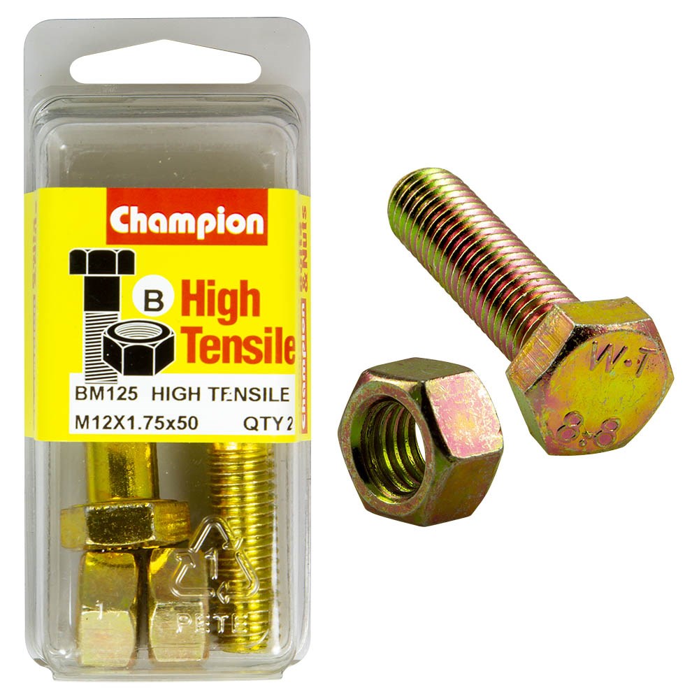 Champion Pack of 2 (2x Zinc Plated Hex Bolts, 2x Nuts) M12 x 50mm High Tensile Grade 8.8 - BM125